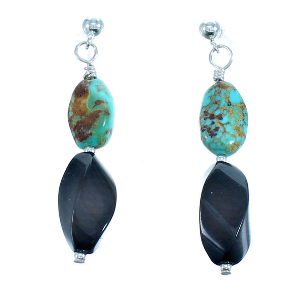 Turquoise Onyx Southwest Sterling Silver Bead Post Dangle Earrings RX115138